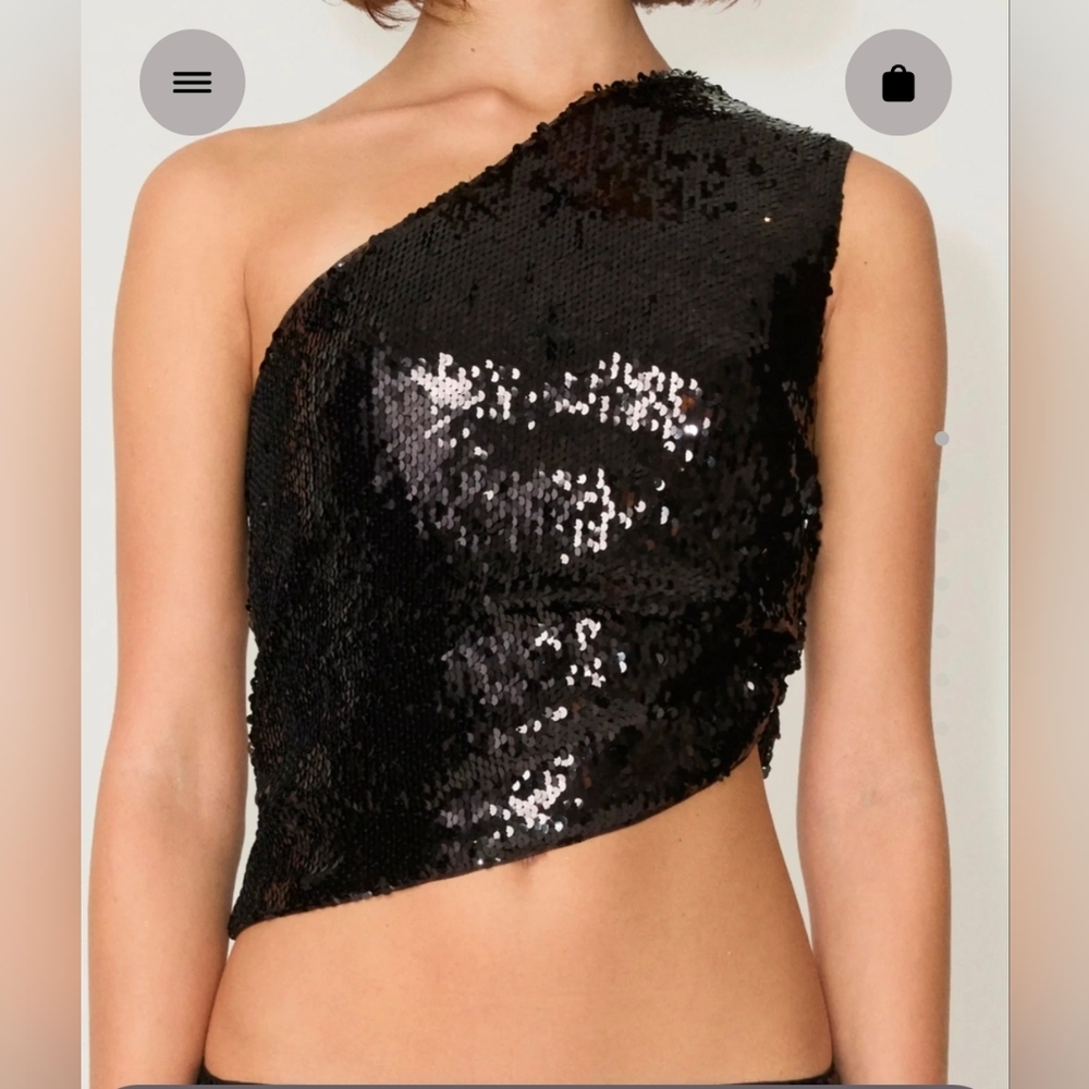 Black Sequin One-Shoulder Crop Top